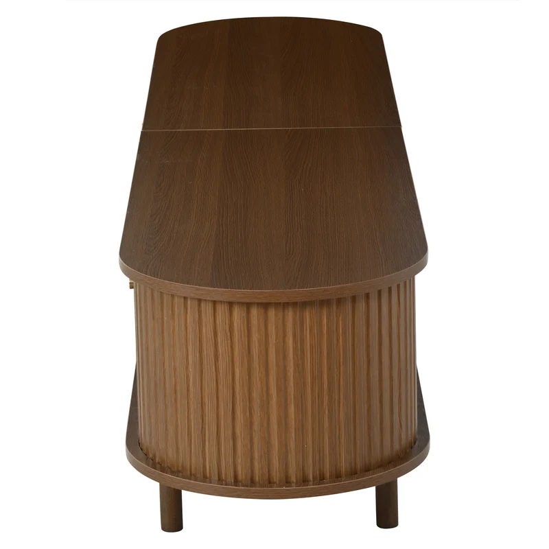 Meuble TV rétro ovale effet noyer foncé 2 portes coulissantes 2 tiroirs avec rotin 180x40x40 cm CASCADERYN
