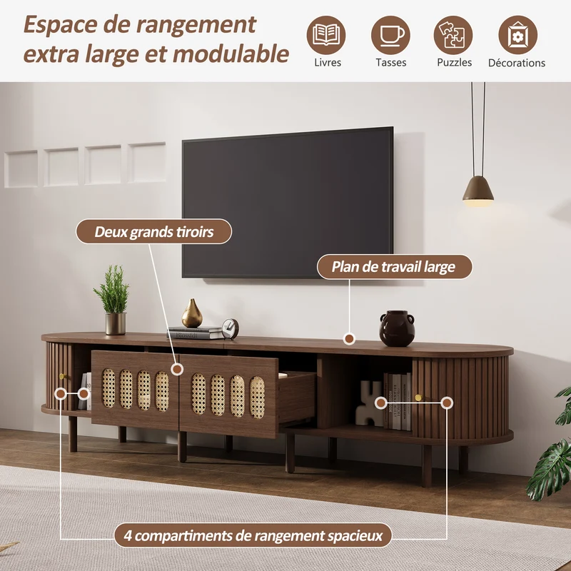 Meuble TV rétro ovale effet noyer foncé 2 portes coulissantes 2 tiroirs avec rotin 180x40x40 cm CASCADERYN
