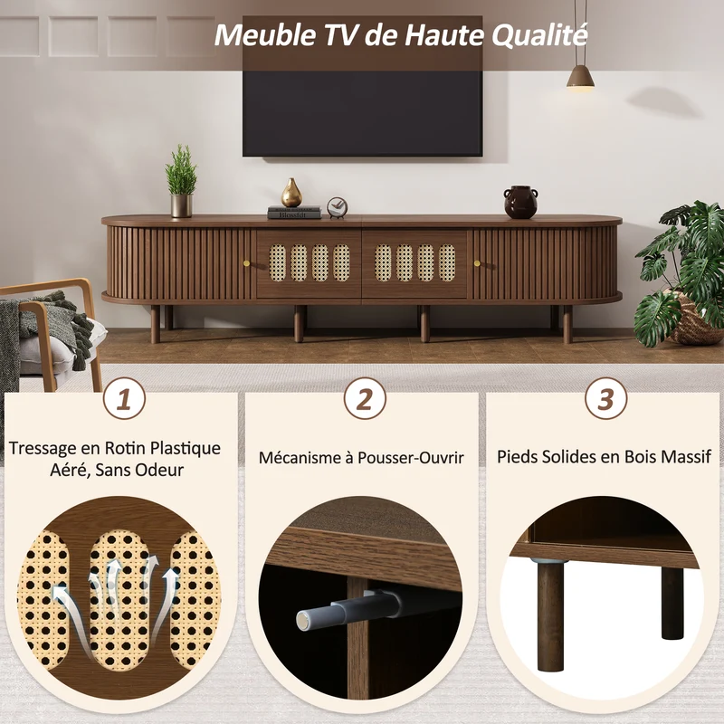 Meuble TV rétro ovale effet noyer foncé 2 portes coulissantes 2 tiroirs avec rotin 180x40x40 cm CASCADERYN
