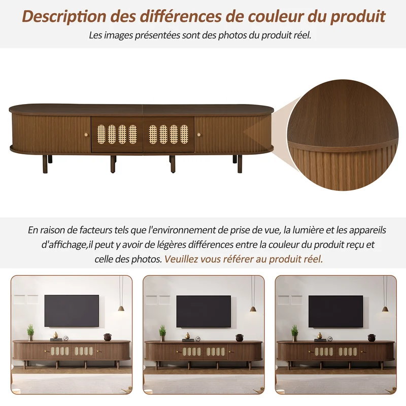 Meuble TV rétro ovale effet noyer foncé 2 portes coulissantes 2 tiroirs avec rotin 180x40x40 cm CASCADERYN