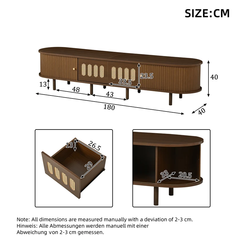 Meuble TV rétro ovale effet noyer foncé 2 portes coulissantes 2 tiroirs avec rotin 180x40x40 cm CASCADERYN