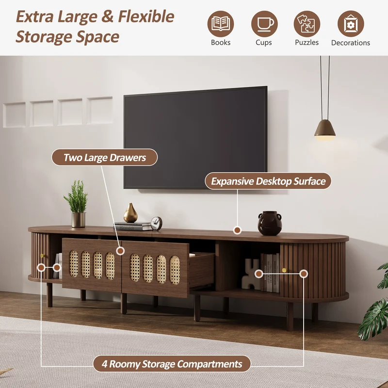 Meuble TV rétro ovale effet noyer foncé 2 portes coulissantes 2 tiroirs avec rotin 180x40x40 cm CASCADERYN