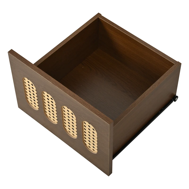 Meuble TV rétro ovale effet noyer foncé 2 portes coulissantes 2 tiroirs avec rotin 180x40x40 cm CASCADERYN