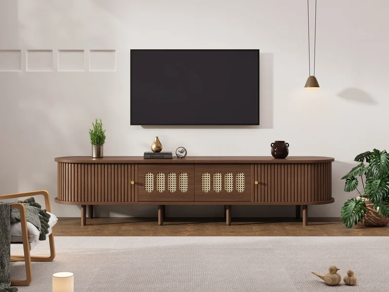 Meuble TV rétro ovale effet noyer foncé 2 portes coulissantes 2 tiroirs avec rotin 180x40x40 cm CASCADERYN