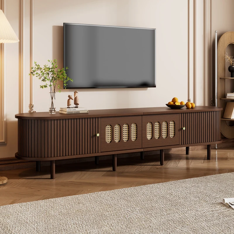 Meuble TV rétro ovale effet noyer foncé 2 portes coulissantes 2 tiroirs avec rotin 180x40x40 cm CASCADERYN