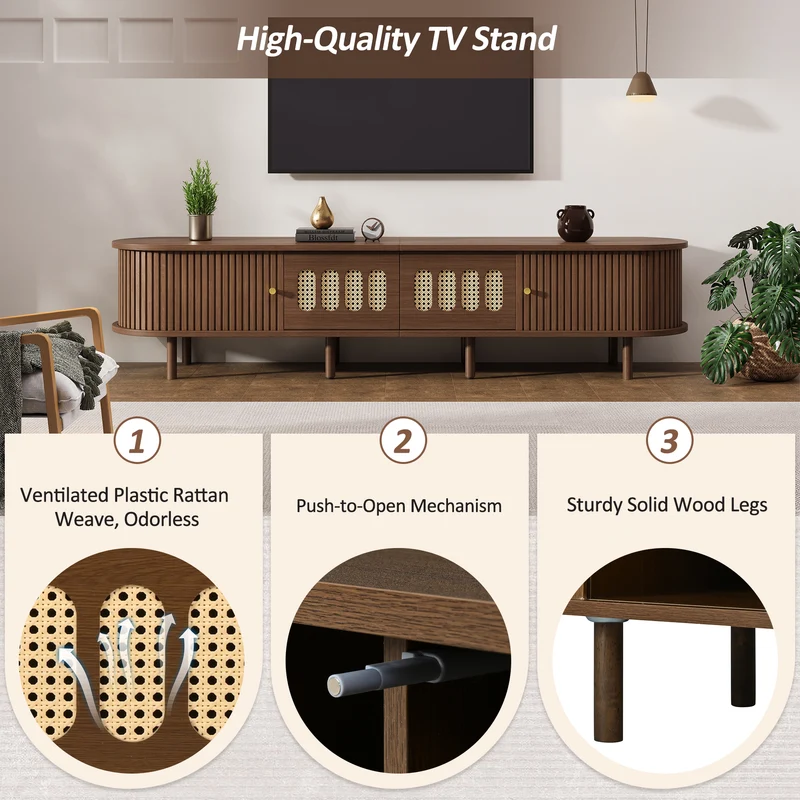 Meuble TV rétro ovale effet noyer foncé 2 portes coulissantes 2 tiroirs avec rotin 180x40x40 cm CASCADERYN
