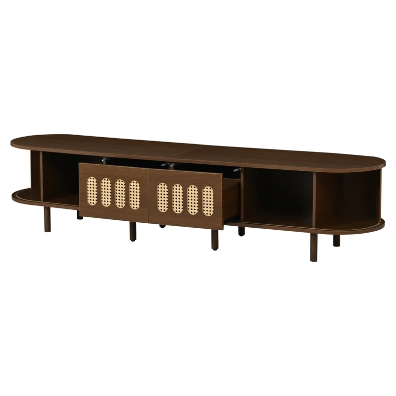 Meuble TV rétro ovale effet noyer foncé 2 portes coulissantes 2 tiroirs avec rotin 180x40x40 cm CASCADERYN