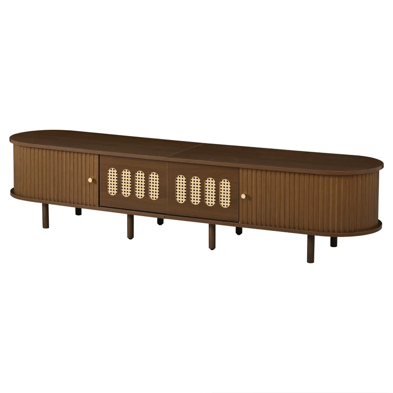 Meuble TV rétro ovale effet noyer foncé 2 portes coulissantes 2 tiroirs avec rotin 180x40x40 cm CASCADERYN