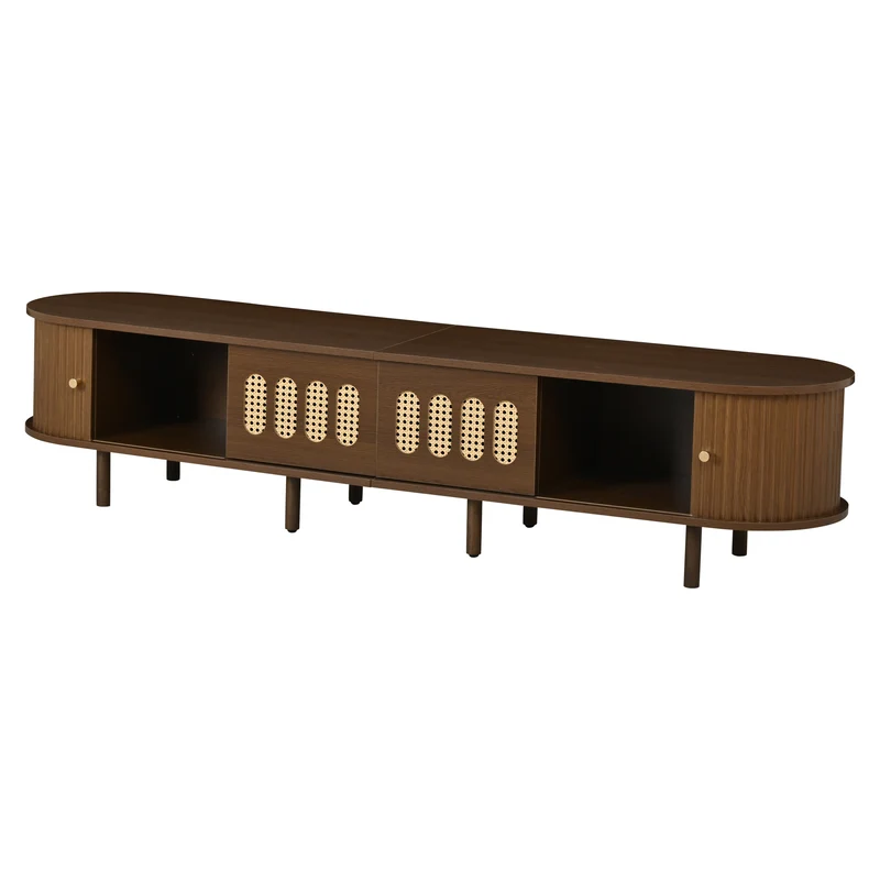 Meuble TV rétro ovale effet noyer foncé 2 portes coulissantes 2 tiroirs avec rotin 180x40x40 cm CASCADERYN