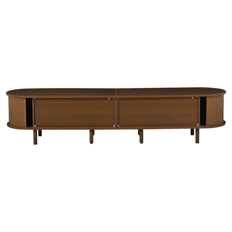 Meuble TV rétro ovale effet noyer foncé 2 portes coulissantes 2 tiroirs avec rotin 180x40x40 cm CASCADERYN