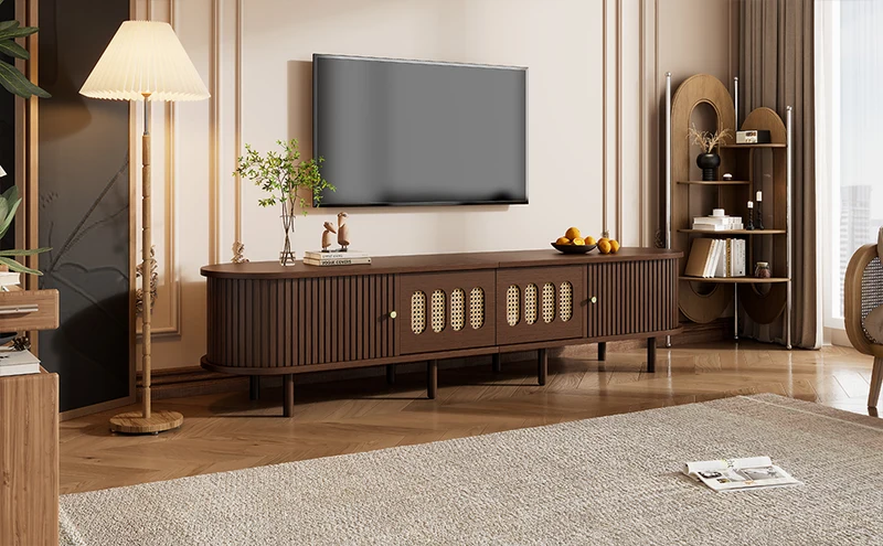 Meuble TV rétro ovale effet noyer foncé 2 portes coulissantes 2 tiroirs avec rotin 180x40x40 cm CASCADERYN