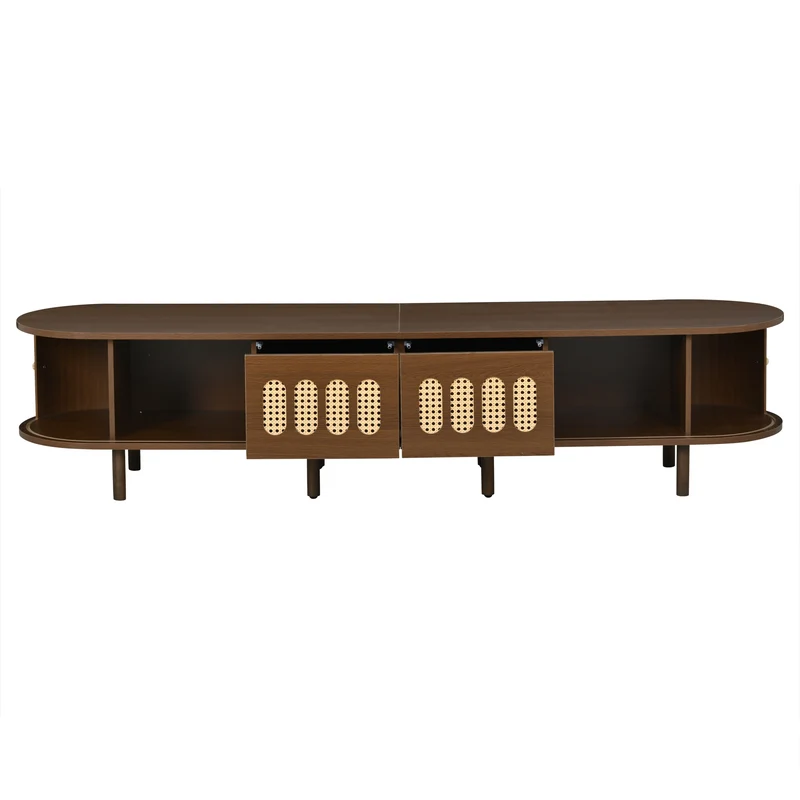 Meuble TV rétro ovale effet noyer foncé 2 portes coulissantes 2 tiroirs avec rotin 180x40x40 cm CASCADERYN