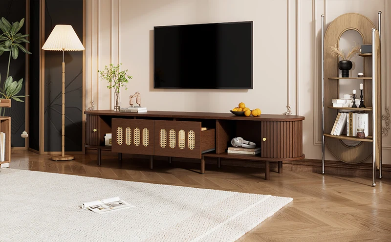 Meuble TV rétro ovale effet noyer foncé 2 portes coulissantes 2 tiroirs avec rotin 180x40x40 cm CASCADERYN