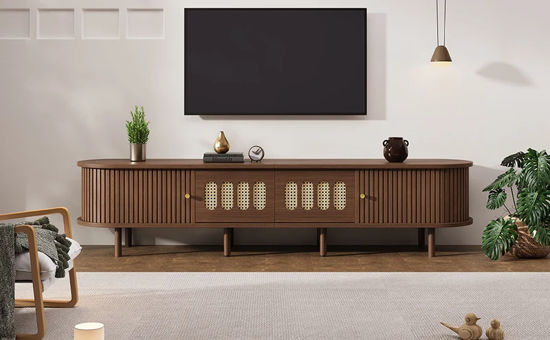 Meuble TV rétro ovale effet noyer foncé 2 portes coulissantes 2 tiroirs avec rotin 180x40x40 cm CASCADERYN