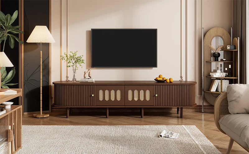Meuble TV rétro ovale effet noyer foncé 2 portes coulissantes 2 tiroirs avec rotin 180x40x40 cm CASCADERYN