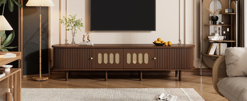 Meuble TV rétro ovale effet noyer foncé 2 portes coulissantes 2 tiroirs avec rotin 180x40x40 cm CASCADERYN