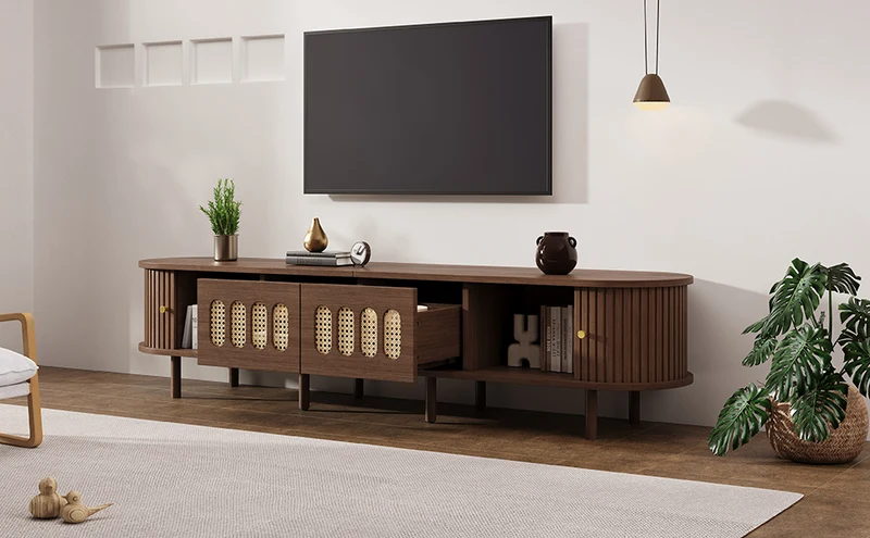 Meuble TV rétro ovale effet noyer foncé 2 portes coulissantes 2 tiroirs avec rotin 180x40x40 cm CASCADERYN