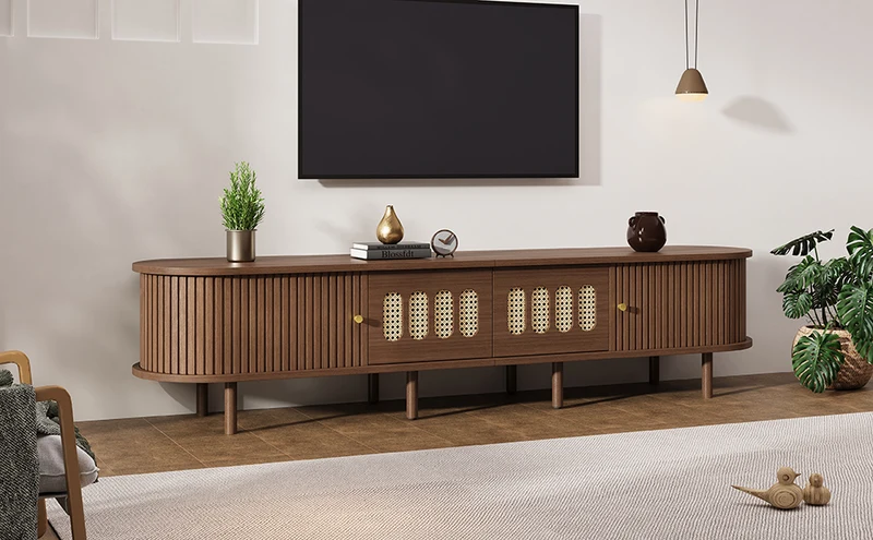 Meuble TV rétro ovale effet noyer foncé 2 portes coulissantes 2 tiroirs avec rotin 180x40x40 cm CASCADERYN