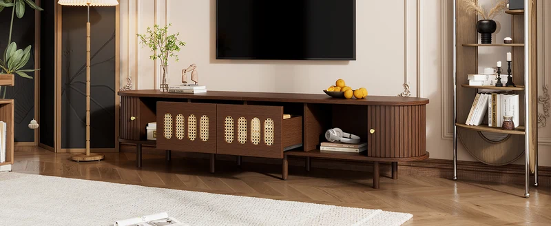 Meuble TV rétro ovale effet noyer foncé 2 portes coulissantes 2 tiroirs avec rotin 180x40x40 cm CASCADERYN