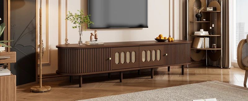 Meuble TV rétro ovale effet noyer foncé 2 portes coulissantes 2 tiroirs avec rotin 180x40x40 cm CASCADERYN