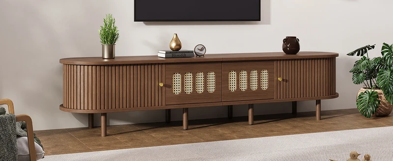 Meuble TV rétro ovale effet noyer foncé 2 portes coulissantes 2 tiroirs avec rotin 180x40x40 cm CASCADERYN