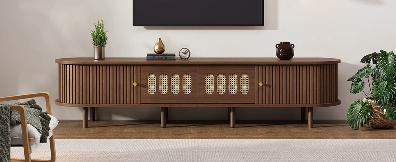 Meuble TV rétro ovale effet noyer foncé 2 portes coulissantes 2 tiroirs avec rotin 180x40x40 cm CASCADERYN