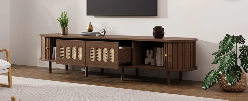 Meuble TV rétro ovale effet noyer foncé 2 portes coulissantes 2 tiroirs avec rotin 180x40x40 cm CASCADERYN