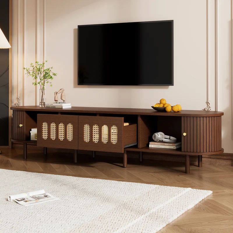 Meuble TV rétro ovale effet noyer foncé 2 portes coulissantes 2 tiroirs avec rotin 180x40x40 cm CASCADERYN