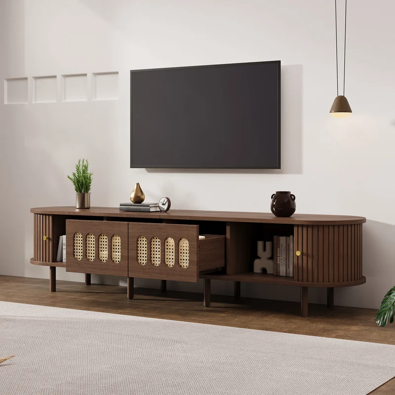 Meuble TV rétro ovale effet noyer foncé 2 portes coulissantes 2 tiroirs avec rotin 180x40x40 cm CASCADERYN