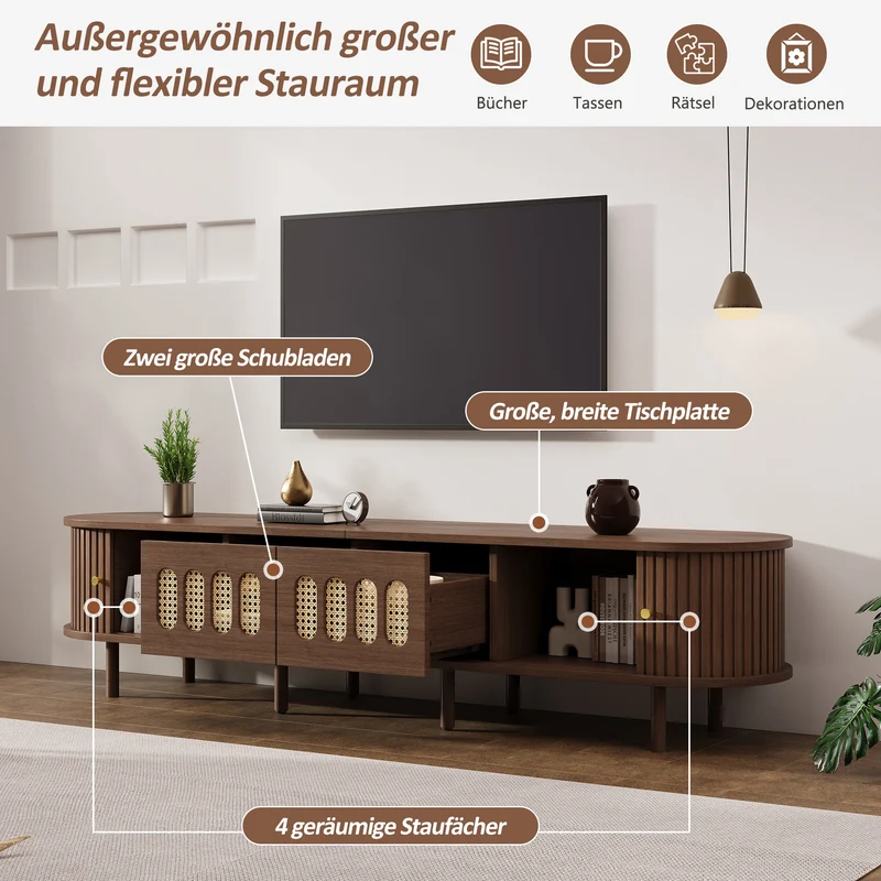 Meuble TV rétro ovale effet noyer foncé 2 portes coulissantes 2 tiroirs avec rotin 180x40x40 cm CASCADERYN