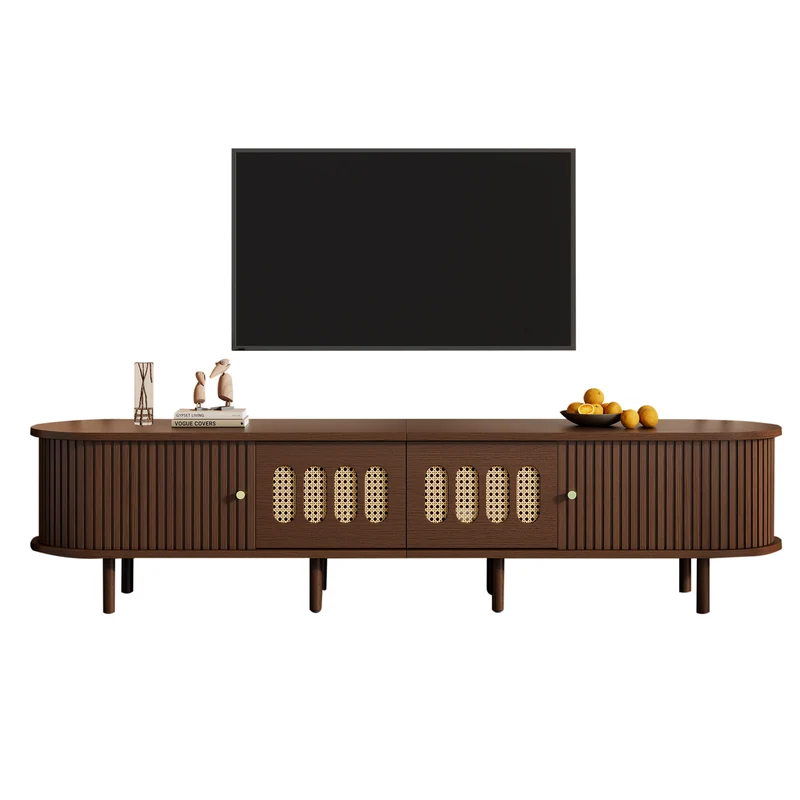 Meuble TV rétro ovale effet noyer foncé 2 portes coulissantes 2 tiroirs avec rotin 180x40x40 cm CASCADERYN