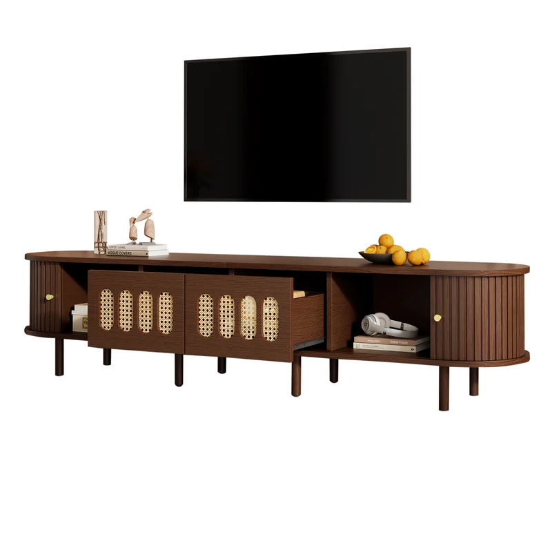 Meuble TV rétro ovale effet noyer foncé 2 portes coulissantes 2 tiroirs avec rotin 180x40x40 cm CASCADERYN
