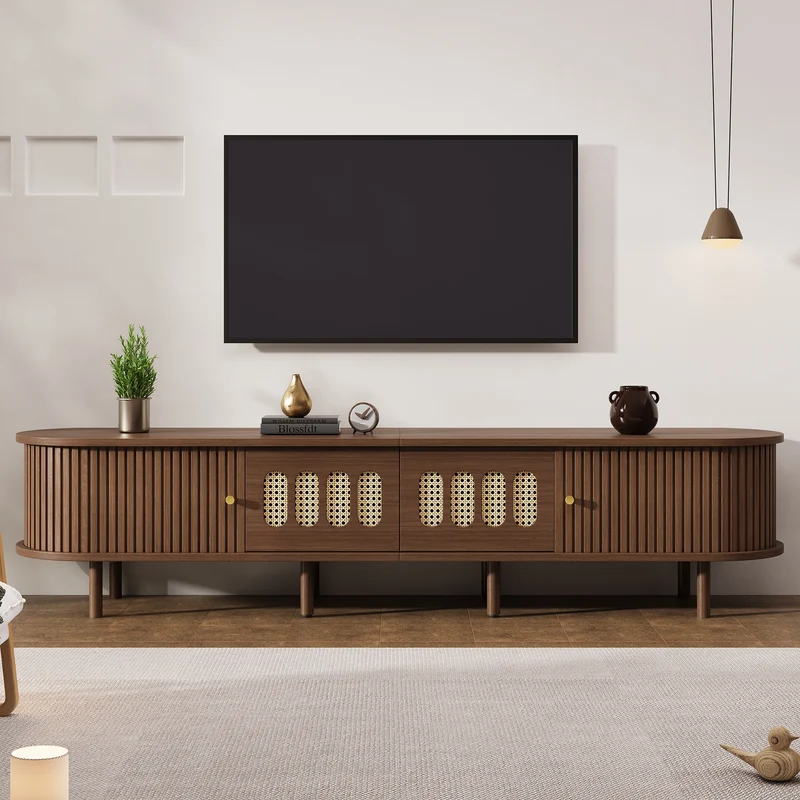 Meuble TV rétro ovale effet noyer foncé 2 portes coulissantes 2 tiroirs avec rotin 180x40x40 cm CASCADERYN