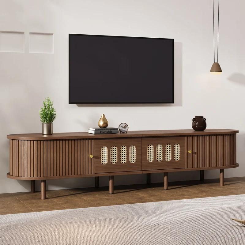 Meuble TV rétro ovale effet noyer foncé 2 portes coulissantes 2 tiroirs avec rotin 180x40x40 cm CASCADERYN