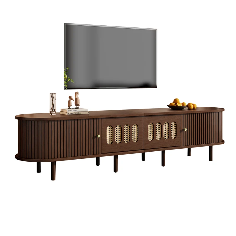 Meuble TV rétro ovale effet noyer foncé 2 portes coulissantes 2 tiroirs avec rotin 180x40x40 cm CASCADERYN