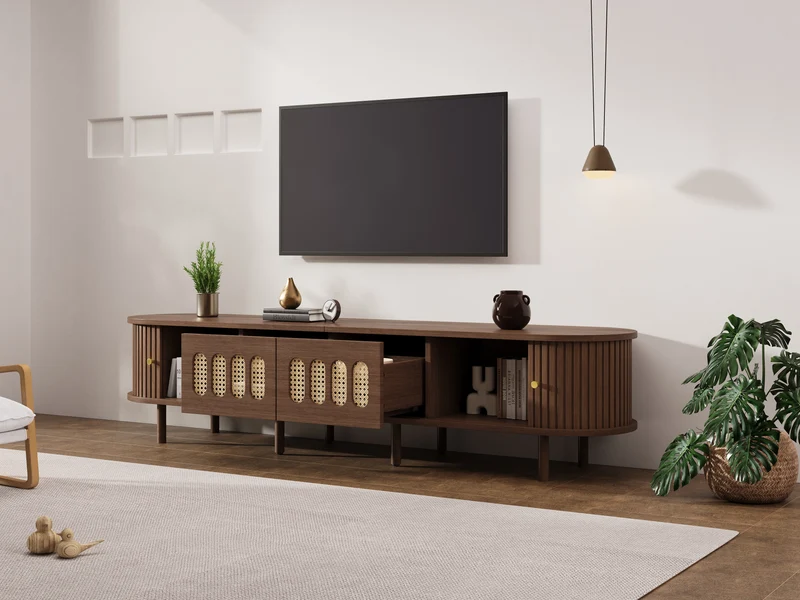 Meuble TV rétro ovale effet noyer foncé 2 portes coulissantes 2 tiroirs avec rotin 180x40x40 cm CASCADERYN