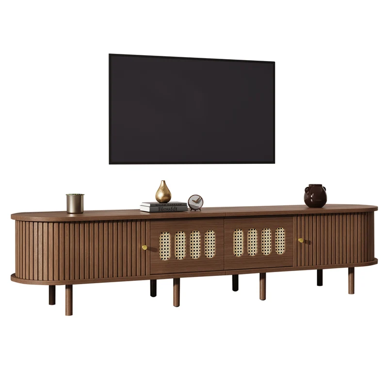 Meuble TV rétro ovale effet noyer foncé 2 portes coulissantes 2 tiroirs avec rotin 180x40x40 cm CASCADERYN
