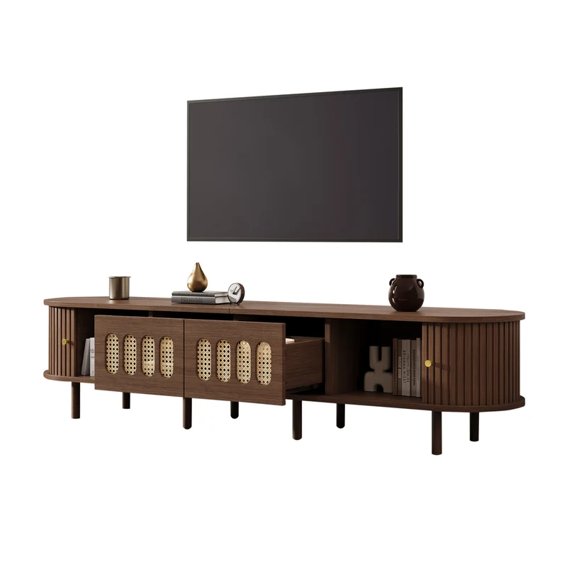 Meuble TV rétro ovale effet noyer foncé 2 portes coulissantes 2 tiroirs avec rotin 180x40x40 cm CASCADERYN