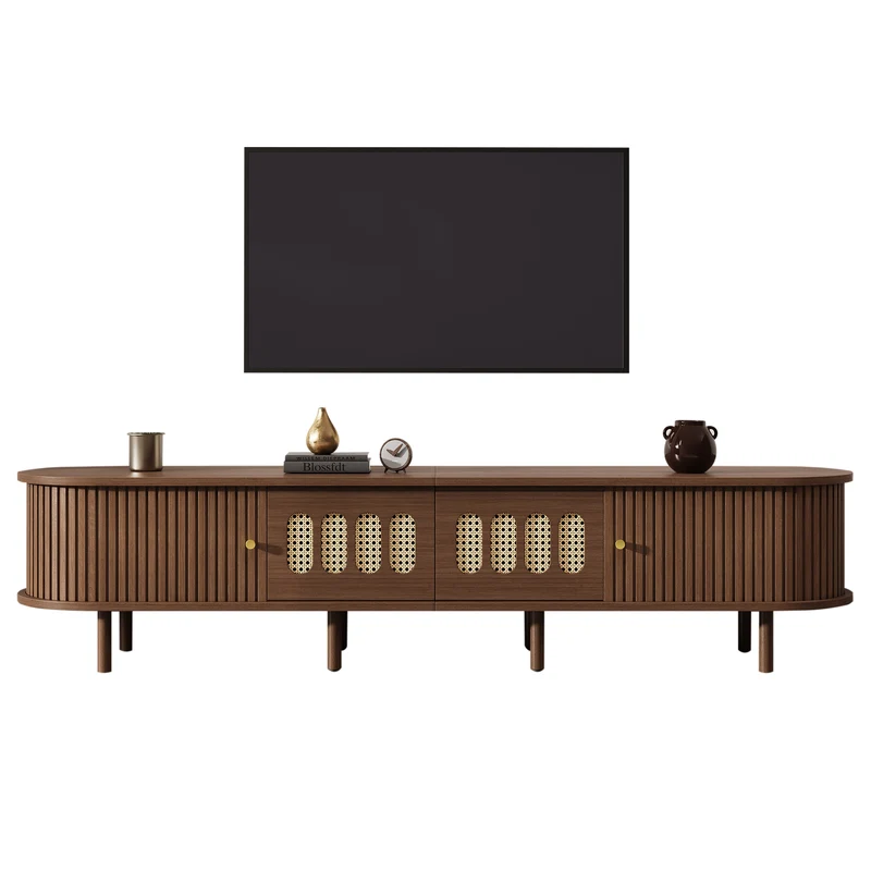 Meuble TV rétro ovale effet noyer foncé 2 portes coulissantes 2 tiroirs avec rotin 180x40x40 cm CASCADERYN