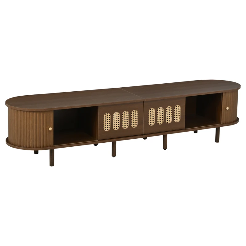 Meuble TV rétro ovale effet noyer foncé 2 portes coulissantes 2 tiroirs avec rotin 180x40x40 cm CASCADERYN