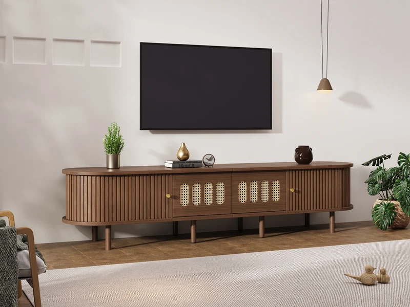 Meuble TV rétro ovale effet noyer foncé 2 portes coulissantes 2 tiroirs avec rotin 180x40x40 cm CASCADERYN