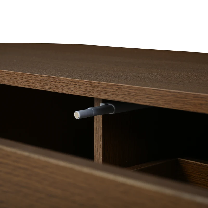 Meuble TV rétro ovale effet noyer foncé 2 portes coulissantes 2 tiroirs avec rotin 180x40x40 cm CASCADERYN