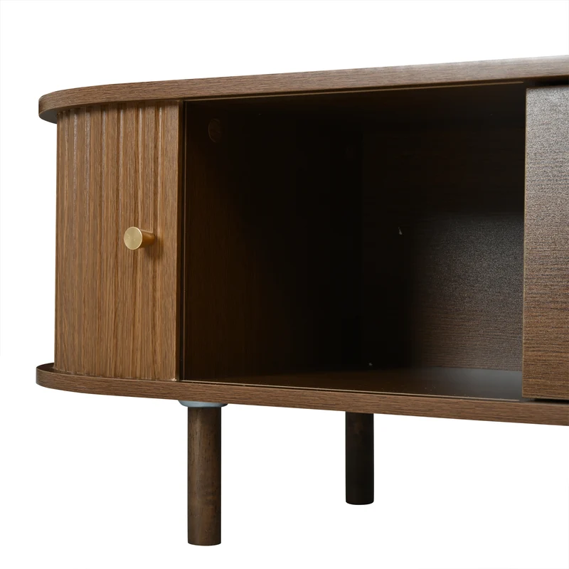 Meuble TV rétro ovale effet noyer foncé 2 portes coulissantes 2 tiroirs avec rotin 180x40x40 cm CASCADERYN