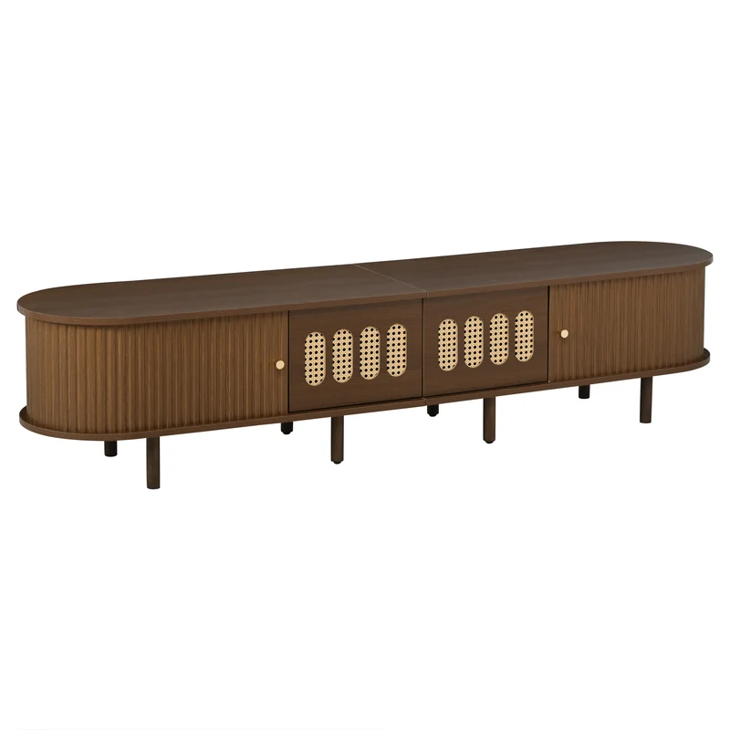 Meuble TV rétro ovale effet noyer foncé 2 portes coulissantes 2 tiroirs avec rotin 180x40x40 cm CASCADERYN