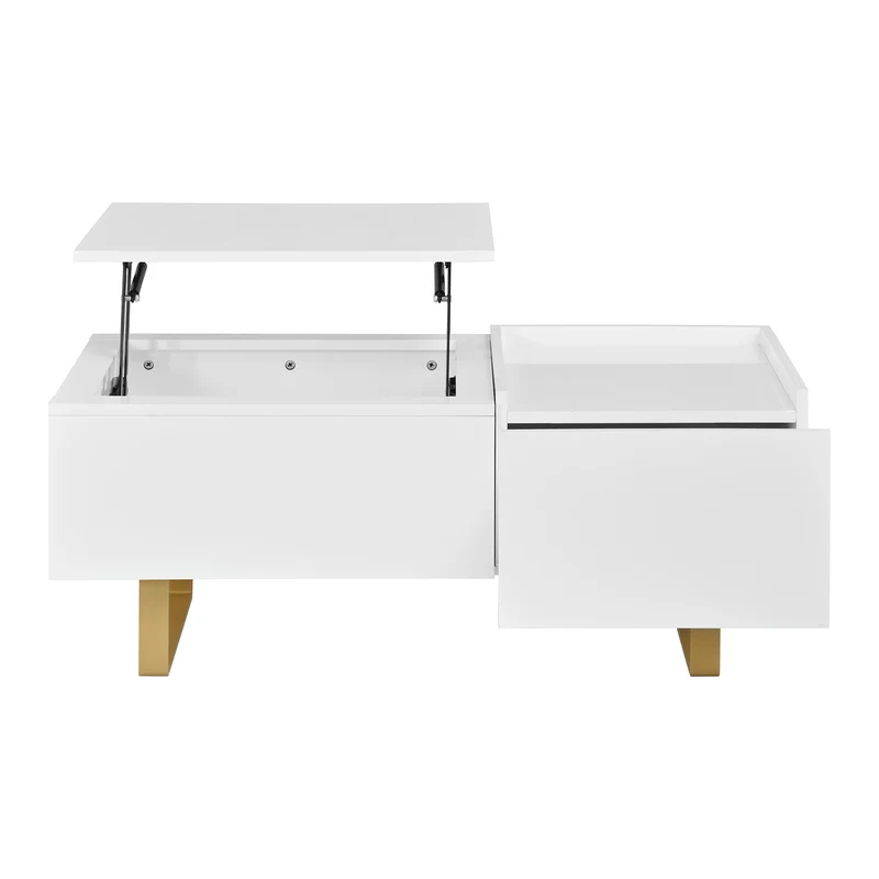 Table basse relevable blanc brillant réglable avec rangement, tiroir et pieds dorés 100x50cm MODERNFLOORSET