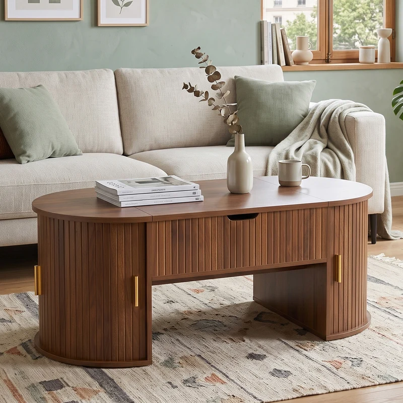 Table basse relevable ovale effet noyer portes coulissantes et étagères 100x50x40,5cm MODERNROOMHOME