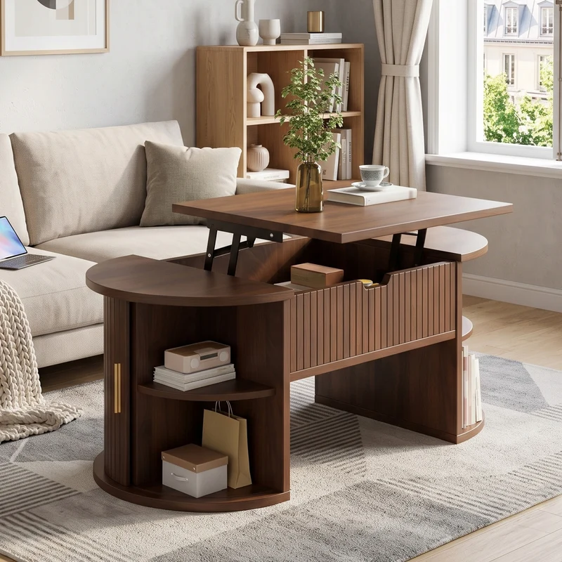 Table basse relevable ovale effet noyer portes coulissantes et étagères 100x50x40,5cm MODERNROOMHOME