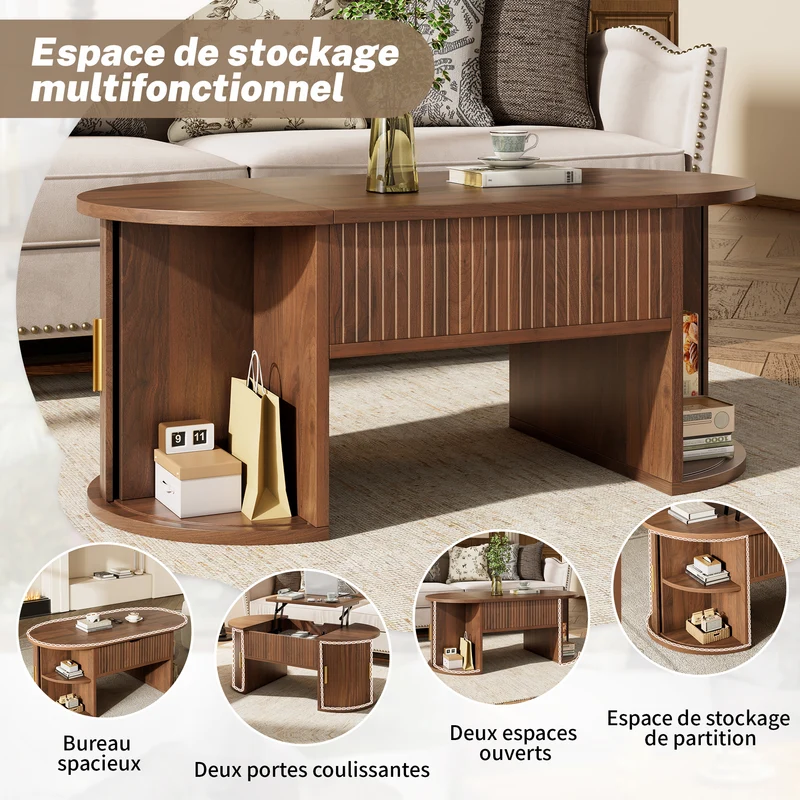 Table basse relevable ovale effet noyer portes coulissantes et étagères 100x50x40,5cm MODERNROOMHOME