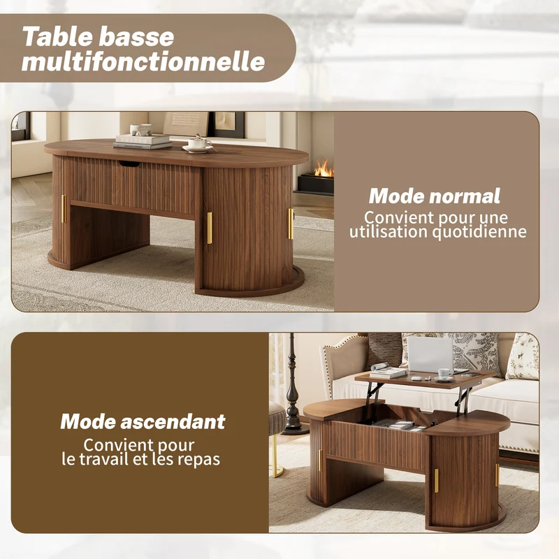 Table basse relevable ovale effet noyer portes coulissantes et étagères 100x50x40,5cm MODERNROOMHOME