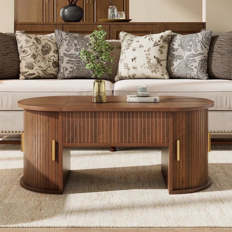 Table basse relevable ovale effet noyer portes coulissantes et étagères 100x50x40,5cm MODERNROOMHOME
